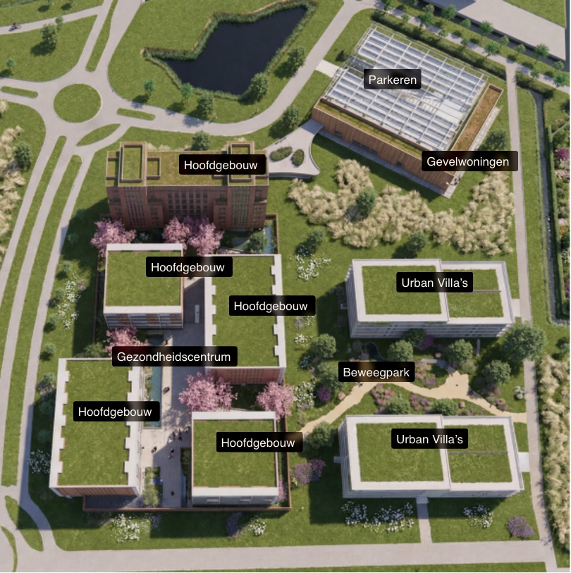 Plan van COSAM Leeuwarden met woningen, collectieve ruimtes en buitenruimte