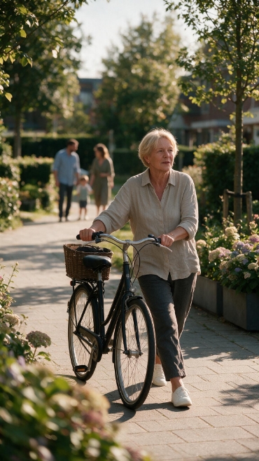 Bewoner met een fiets in een groene woonomgeving