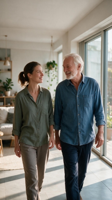 Bewoner en zorgprofessional lopen samen door een woning